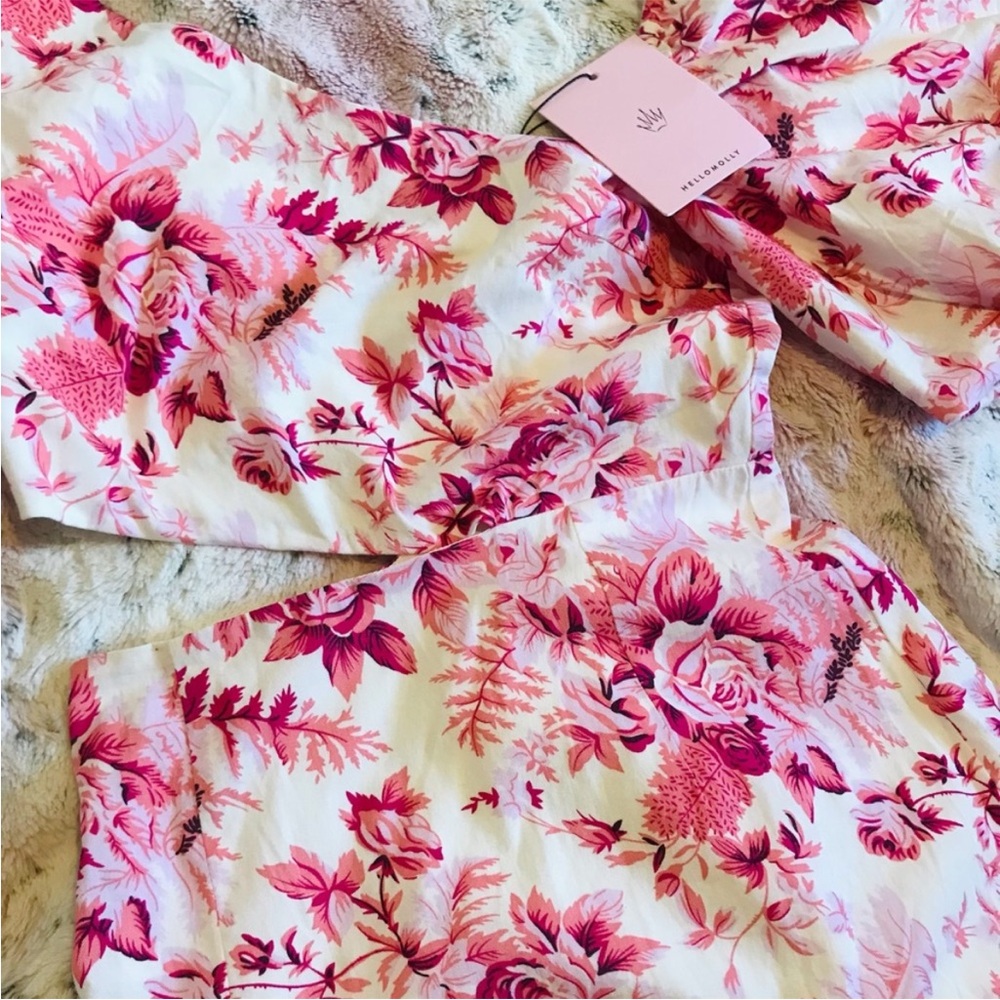 Hello Molly Sweetest Kind Floral Cut Out Asymmetrical Puff Sleeve Mini Dress- 6 - Picture 12 of 13